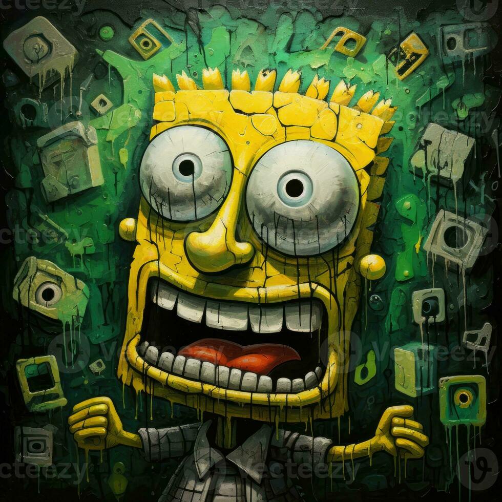 crazy Sponge bob furious mad portrait expressive illustration artwork oil painted sketch tattoo photo