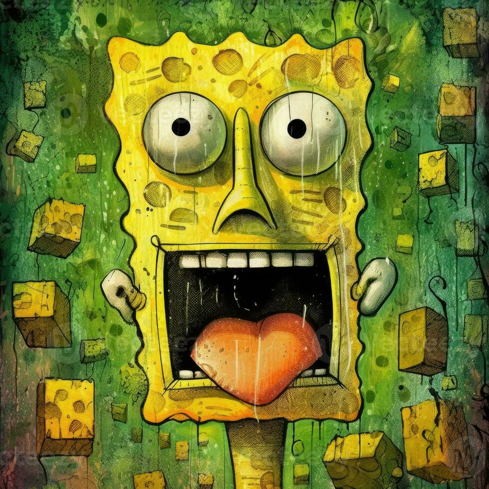 Sponge bob furious mad portrait expressive illustration artwork oil painted sketch tattoo photo