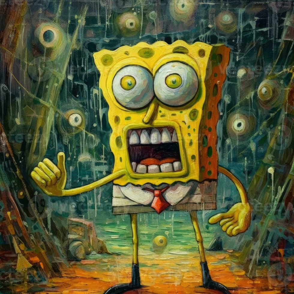 Sponge bob furious mad portrait expressive illustration artwork oil painted sketch tattoo photo