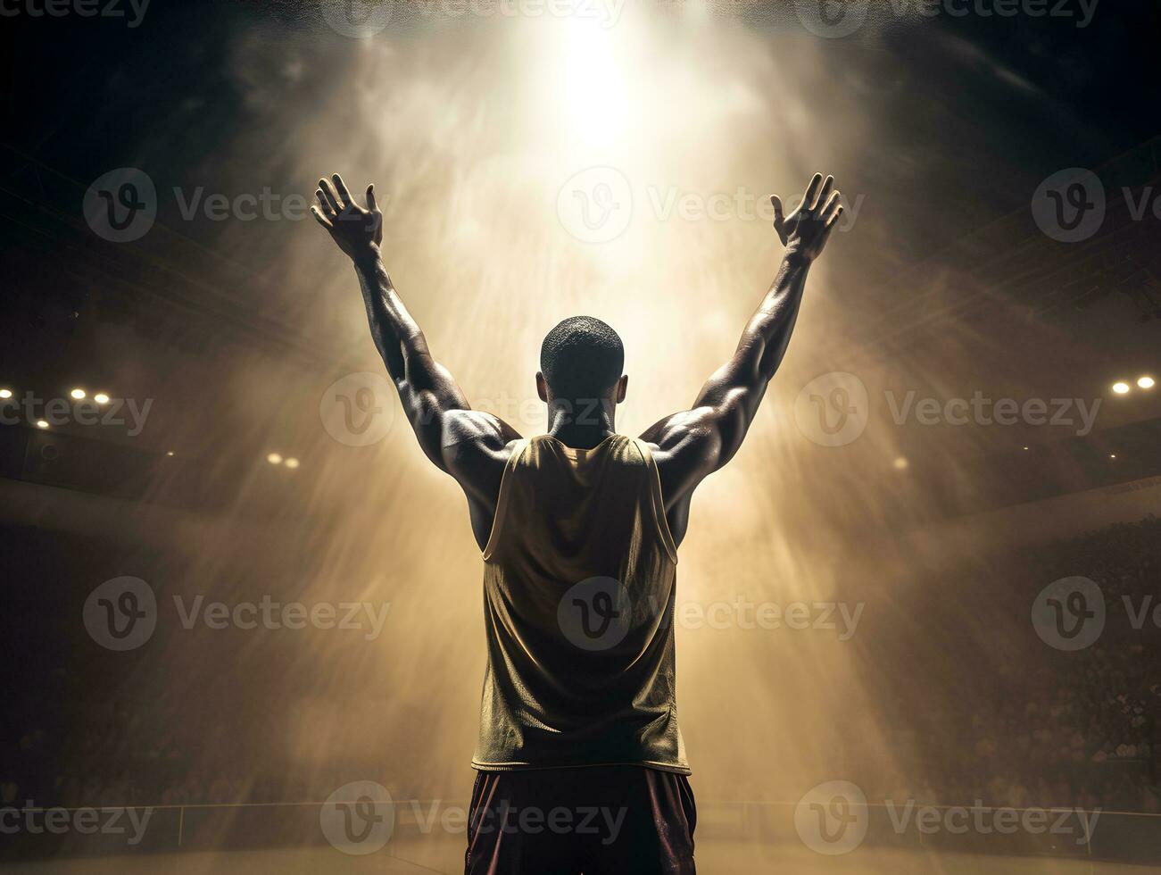 Basketball player celebrating in the stadium. Concept of winner, success, victory. AI generated photo