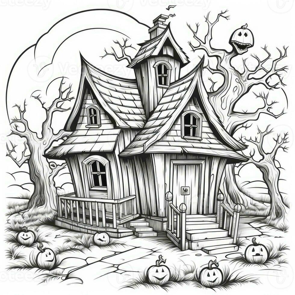 witch house simple children coloring page Halloween cute white background book isolated bold photo