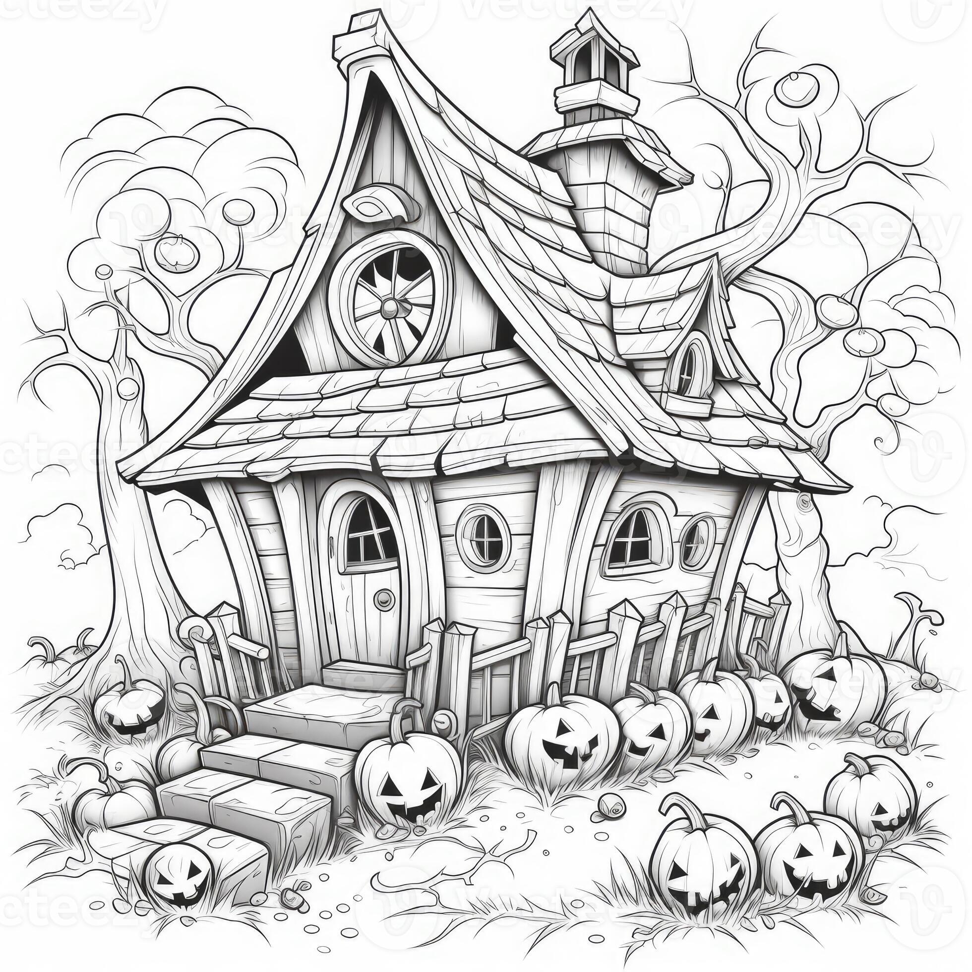 witch house simple children coloring page Halloween cute white