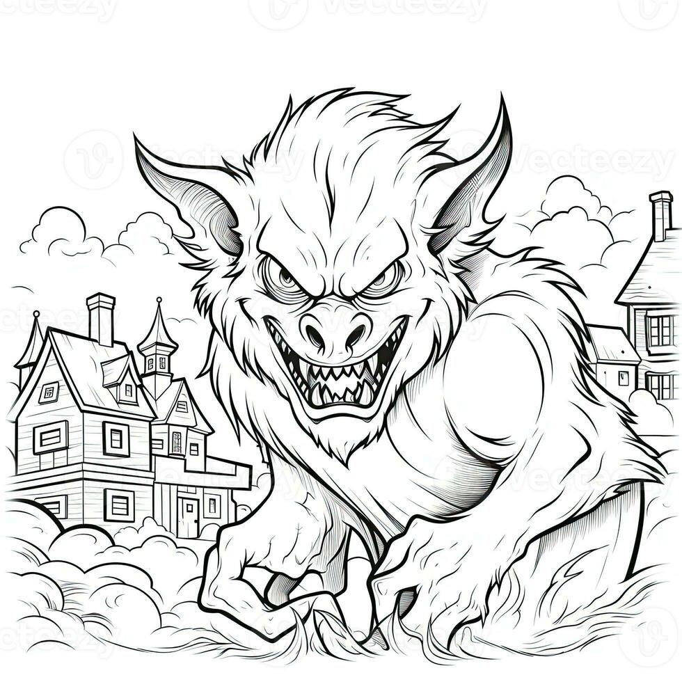 werewolf simple children coloring page Halloween cute white background book isolated bold scary photo