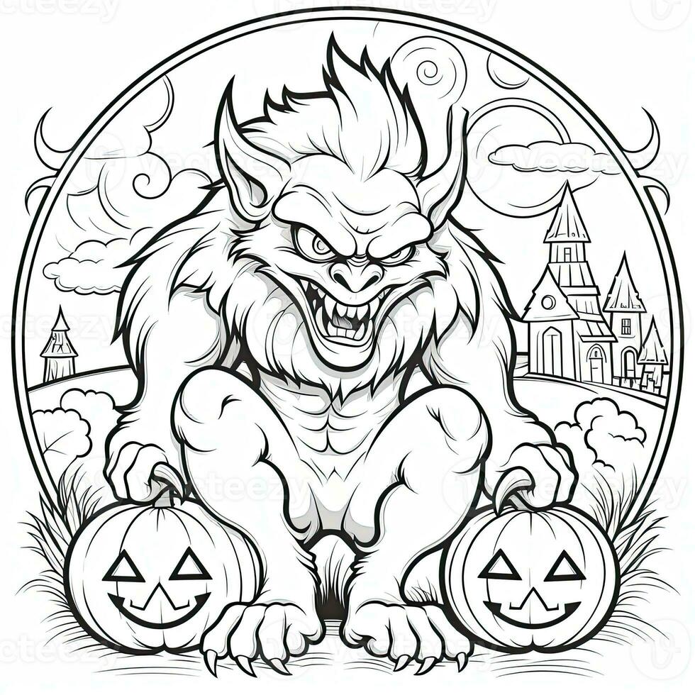 werewolf simple children coloring page Halloween cute white background ...