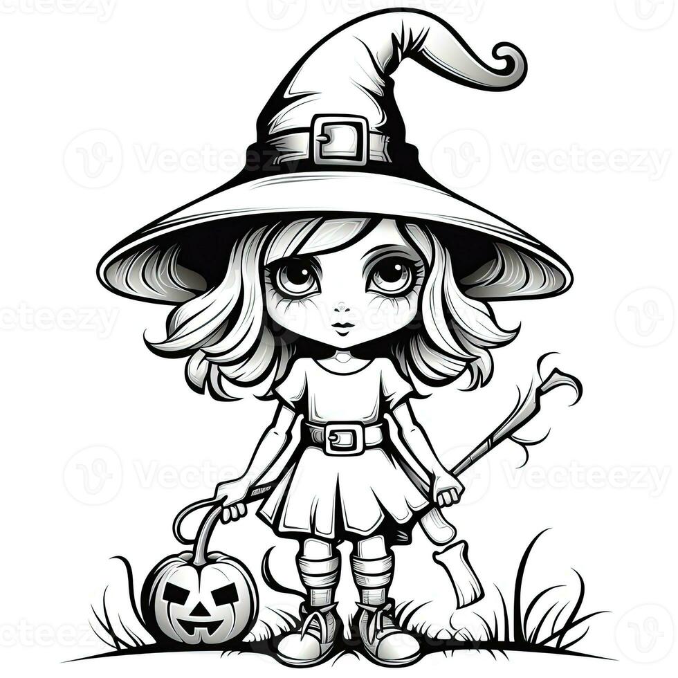 witch girl simple children coloring page Halloween cute white background book isolated bold scary photo