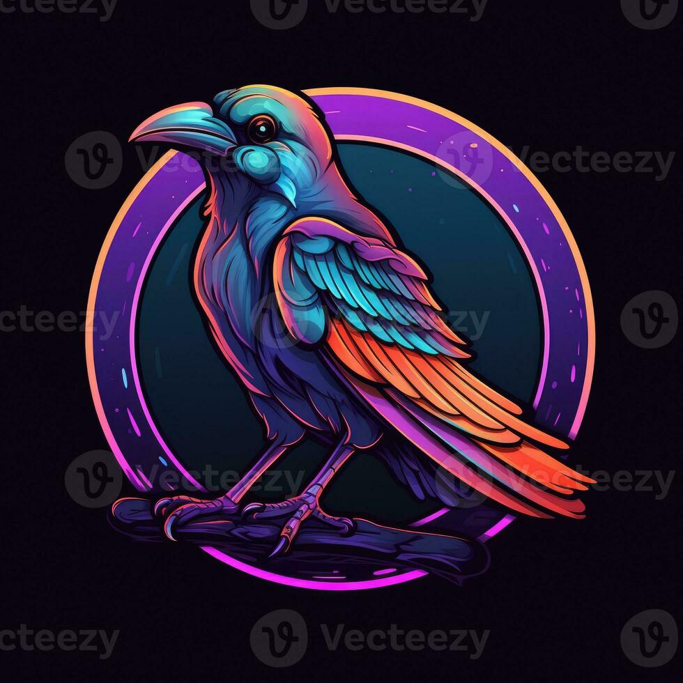 raven bird neon icon logo halloween cute scary bright illustration tattoo isolated vector photo