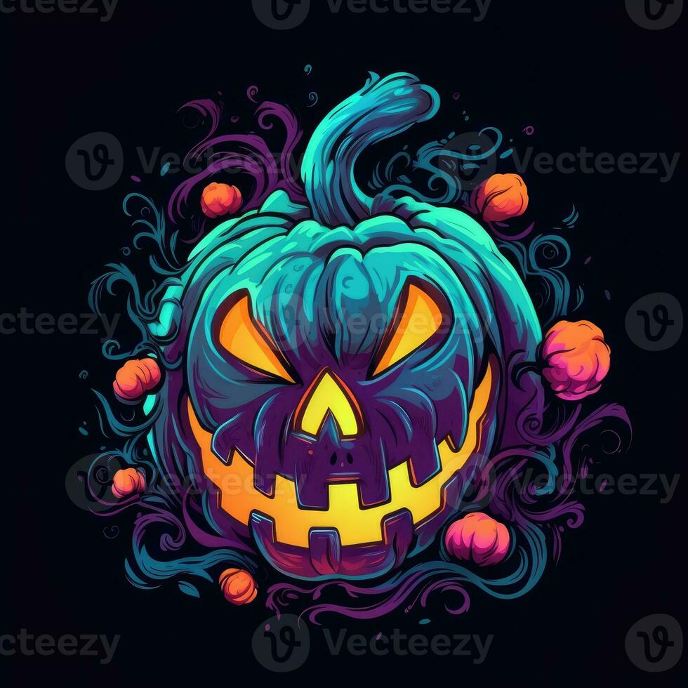 calabaza Jack linterna neón icono logo Víspera de Todos los Santos linda de miedo brillante ilustración tatuaje aislado vector foto