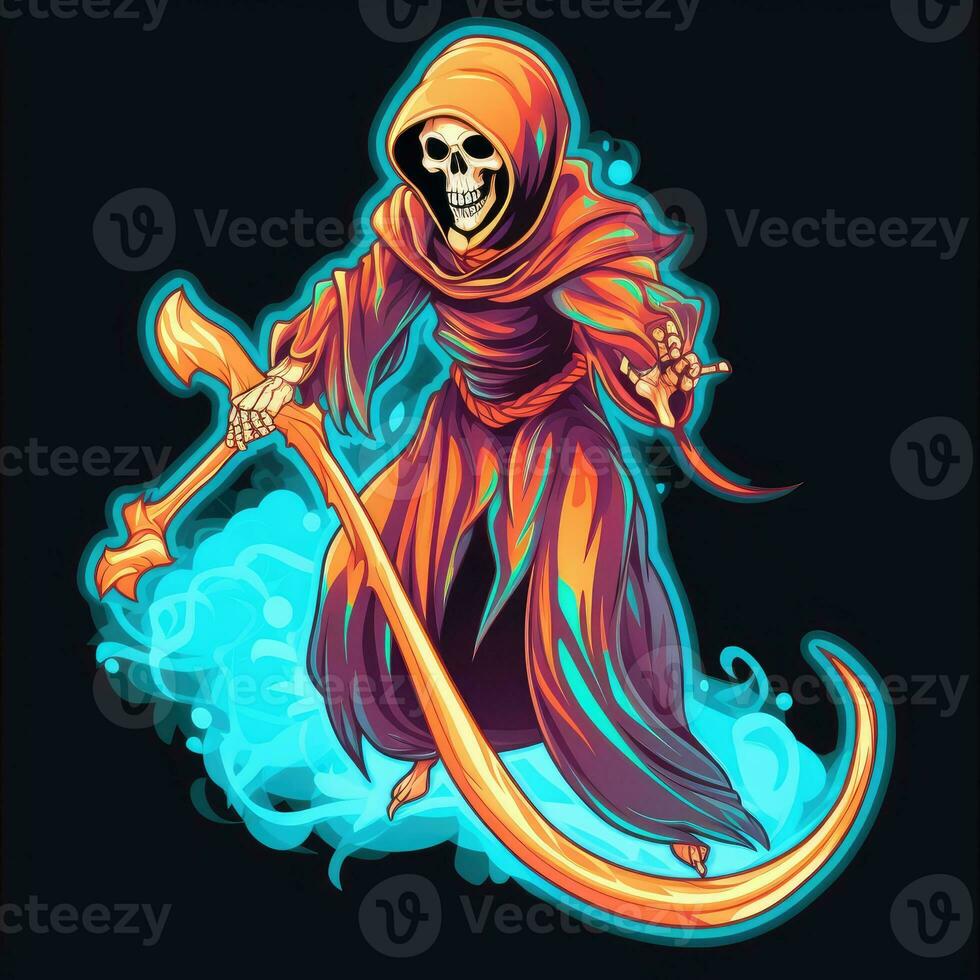 reaper death neon icon logo halloween cute scary bright illustration tattoo isolated vector photo