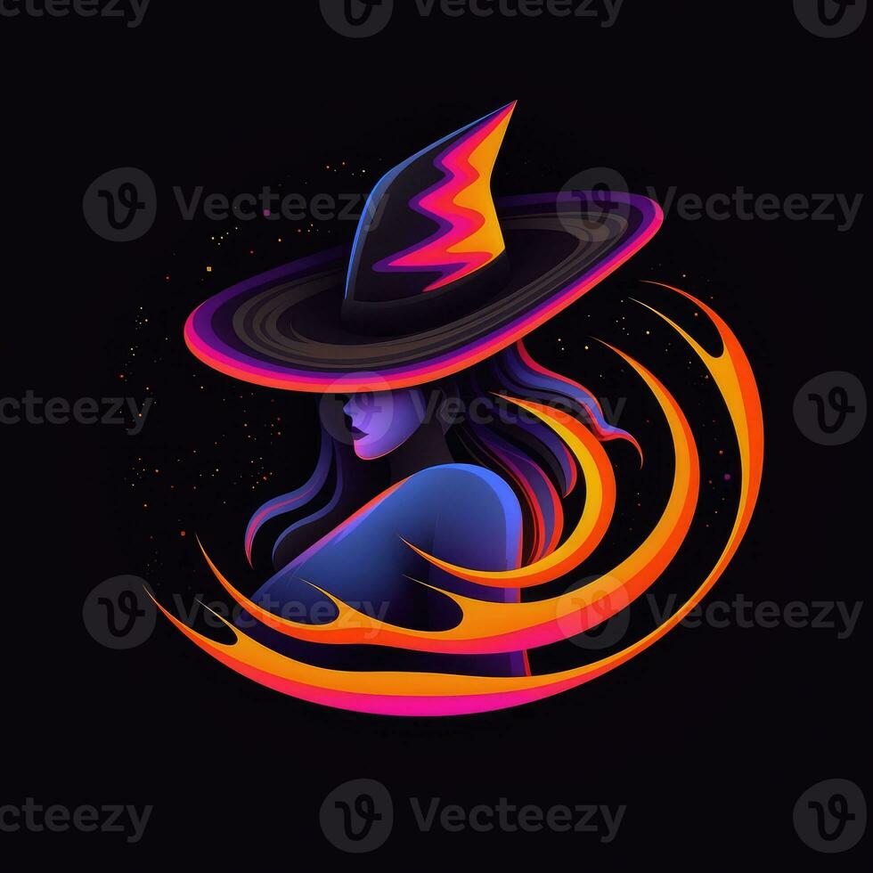 bruja sombrero neón icono logo Víspera de Todos los Santos linda de miedo brillante ilustración tatuaje aislado vector foto