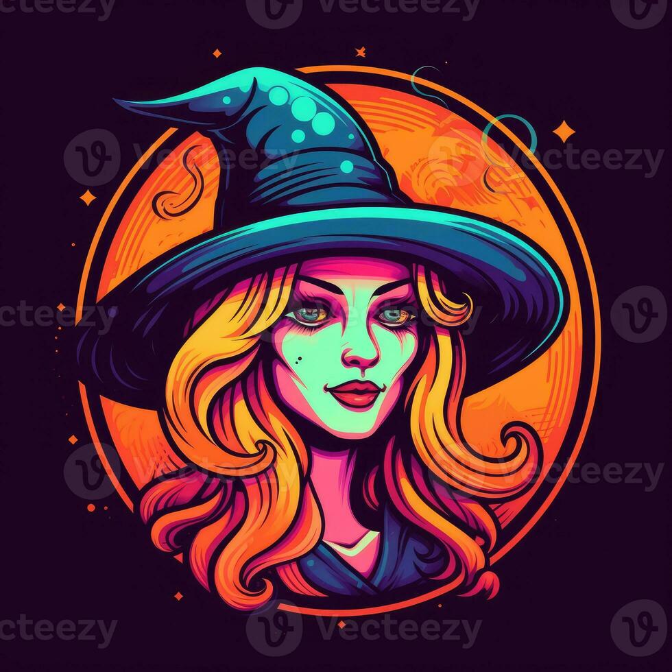 bruja sombrero neón icono logo Víspera de Todos los Santos linda de miedo brillante ilustración tatuaje aislado vector foto