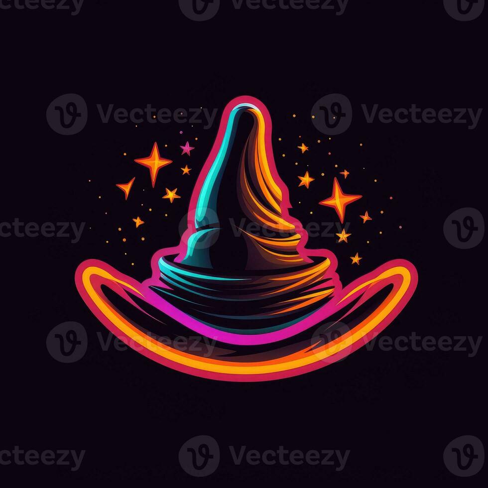 bruja sombrero neón icono logo Víspera de Todos los Santos linda de miedo brillante ilustración tatuaje aislado vector foto