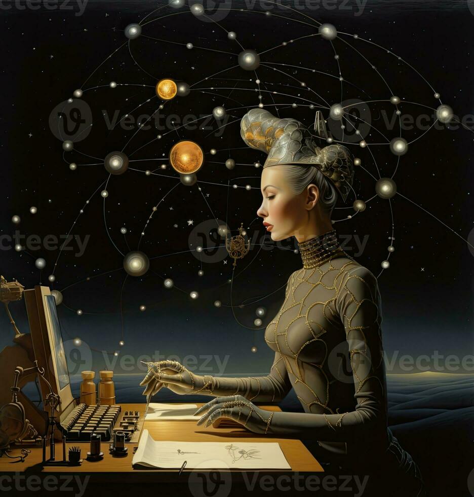 woman reading mysterious astrology fantasy zodiac illustration tarot destiny future occult female photo