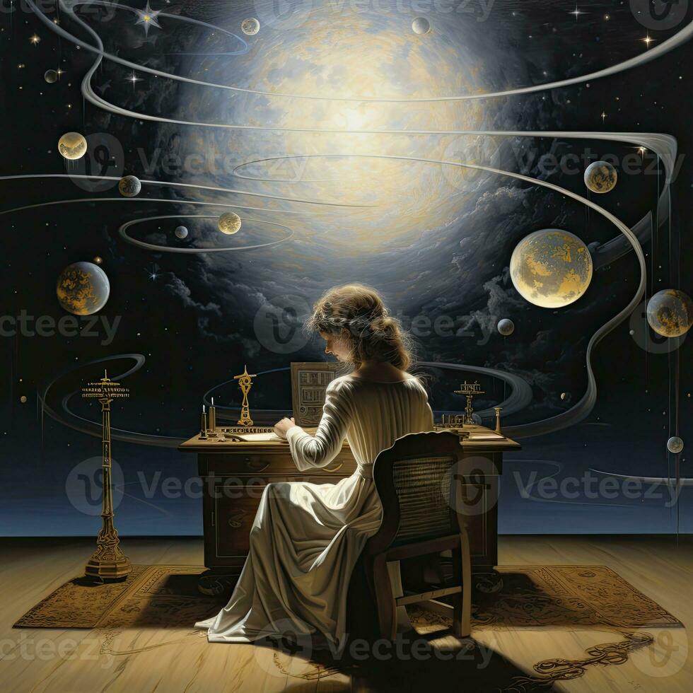 woman reading mysterious astrology fantasy zodiac illustration tarot destiny future occult female photo