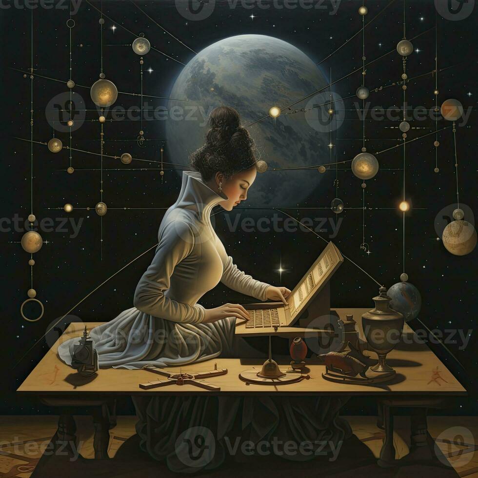 woman reading mysterious astrology fantasy zodiac illustration tarot destiny future occult female photo