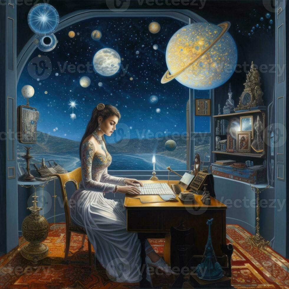 woman reading mysterious astrology fantasy zodiac illustration tarot destiny future occult female photo