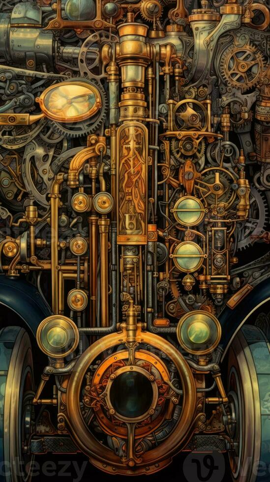 steampunk retro vintage perfect details brass cooper pipes car mechanism gears illustration photo