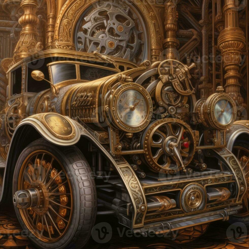 steampunk retro vintage perfect details brass cooper pipes car mechanism gears illustration photo