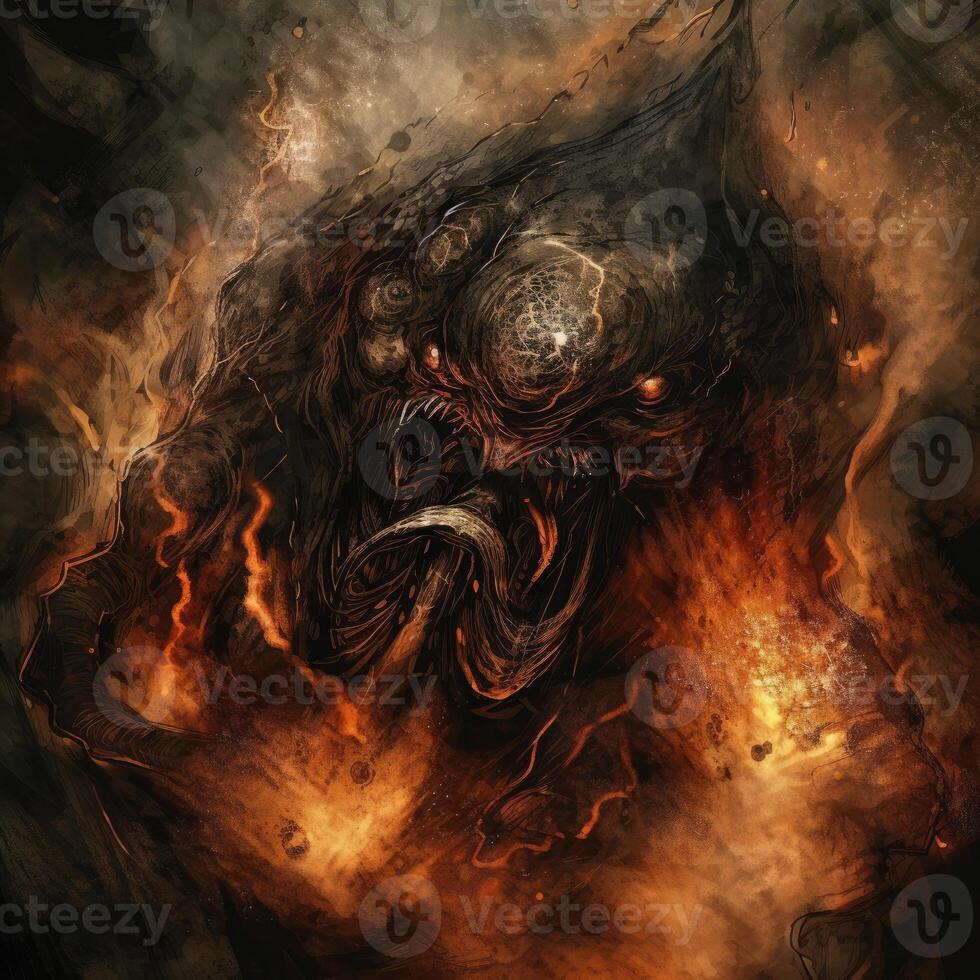 dark fantasy hell flames evil horror fear smoke demon warrior diablo illustration nightmare photo