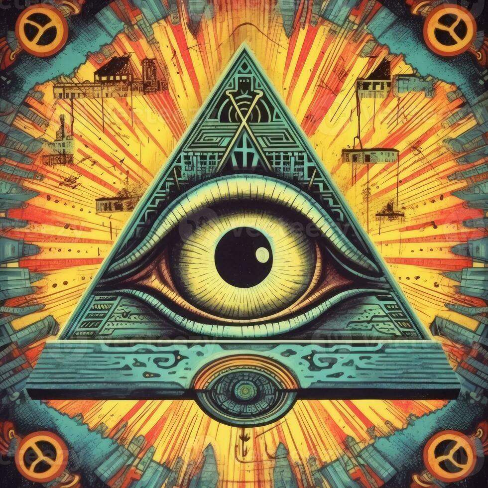 surreal abstract eye triangle pyramid magic mason tattoo yellow illustration artwork poster photo