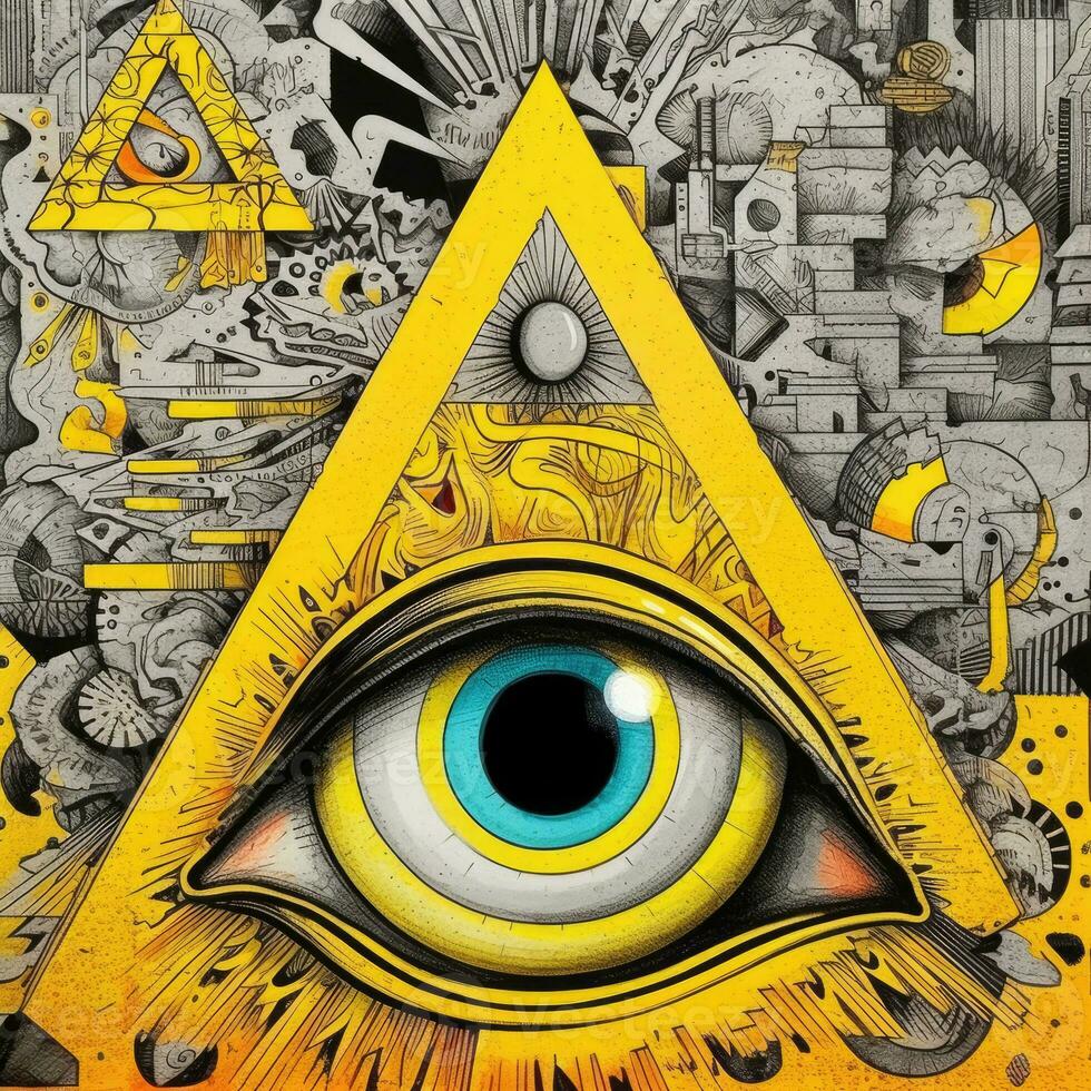 surreal abstract eye triangle pyramid magic mason tattoo yellow illustration artwork poster photo