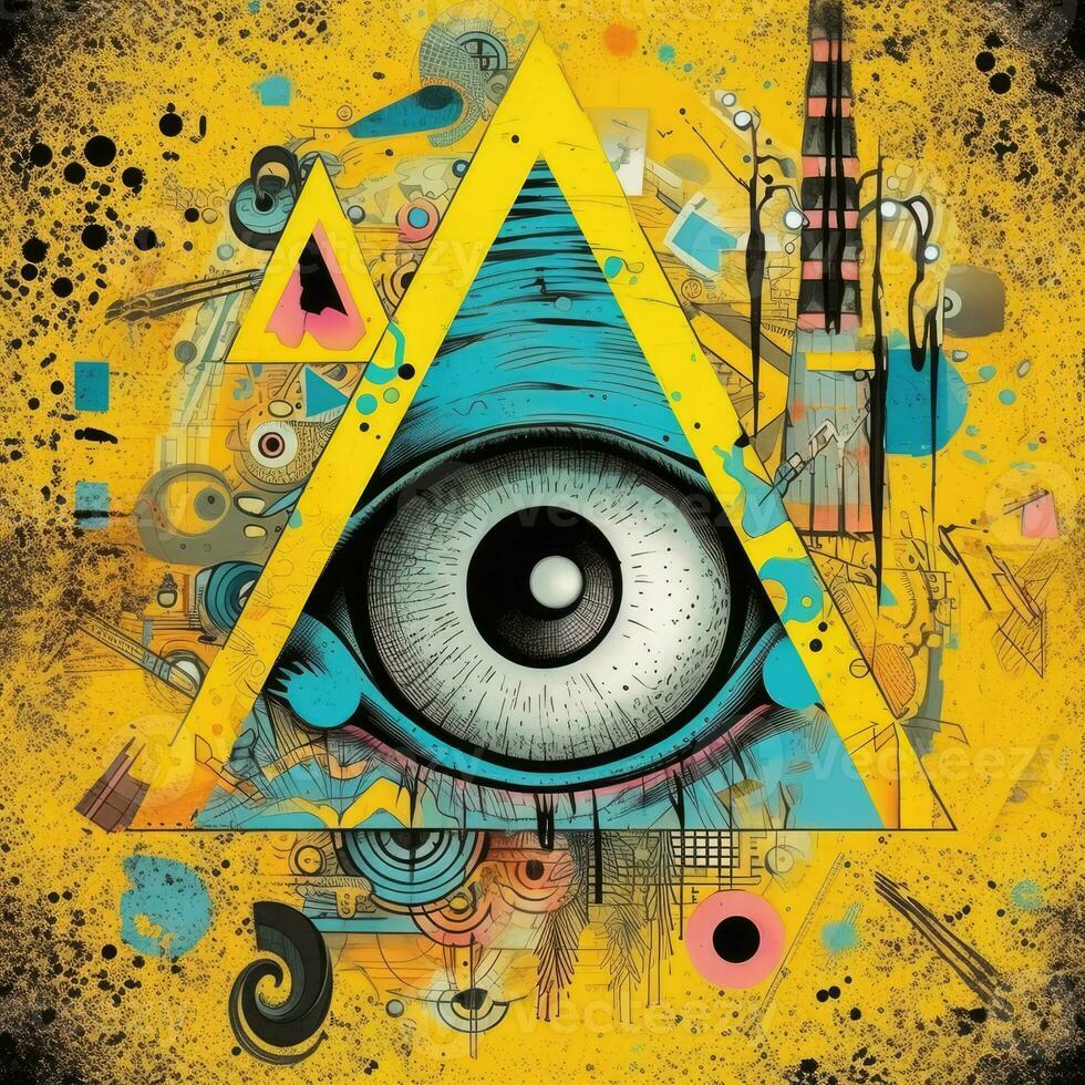 surreal abstract eye triangle pyramid magic mason tattoo yellow illustration artwork poster photo