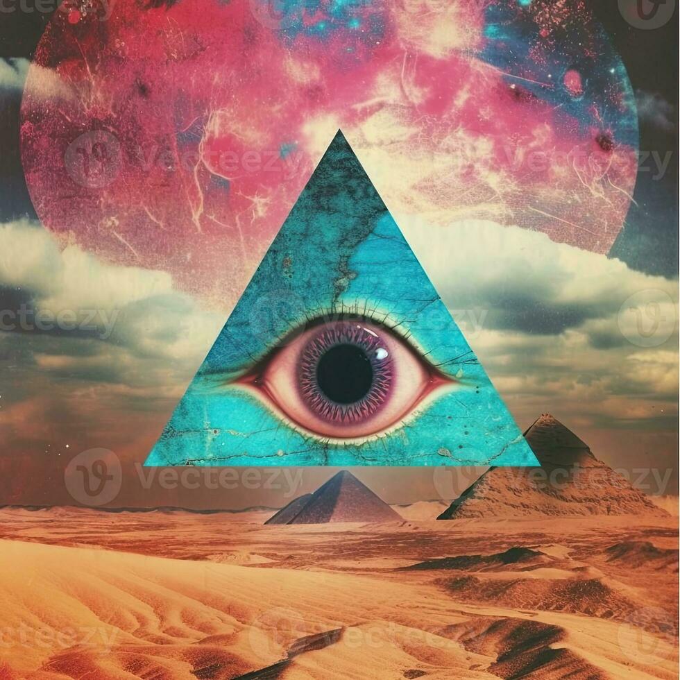 surreal abstract eye triangle pyramid magic mason tattoo yellow illustration artwork poster photo