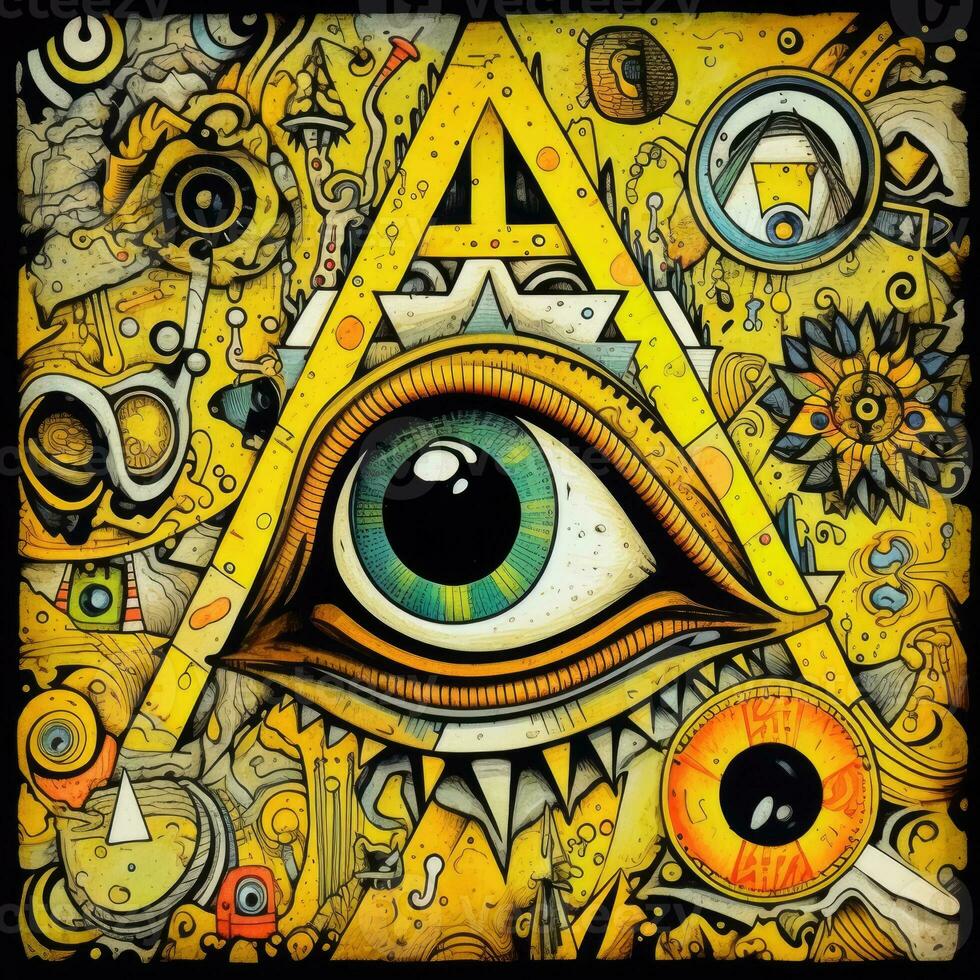 surreal abstract eye triangle pyramid magic mason tattoo yellow illustration artwork poster photo