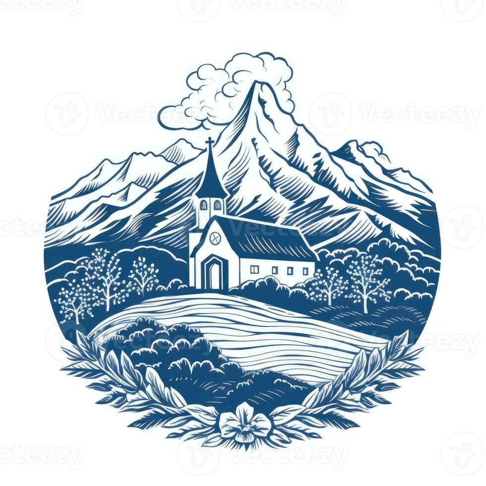 casa molino Insignia emblema logo vector plano etiqueta icono silueta azul montañas clipart foto