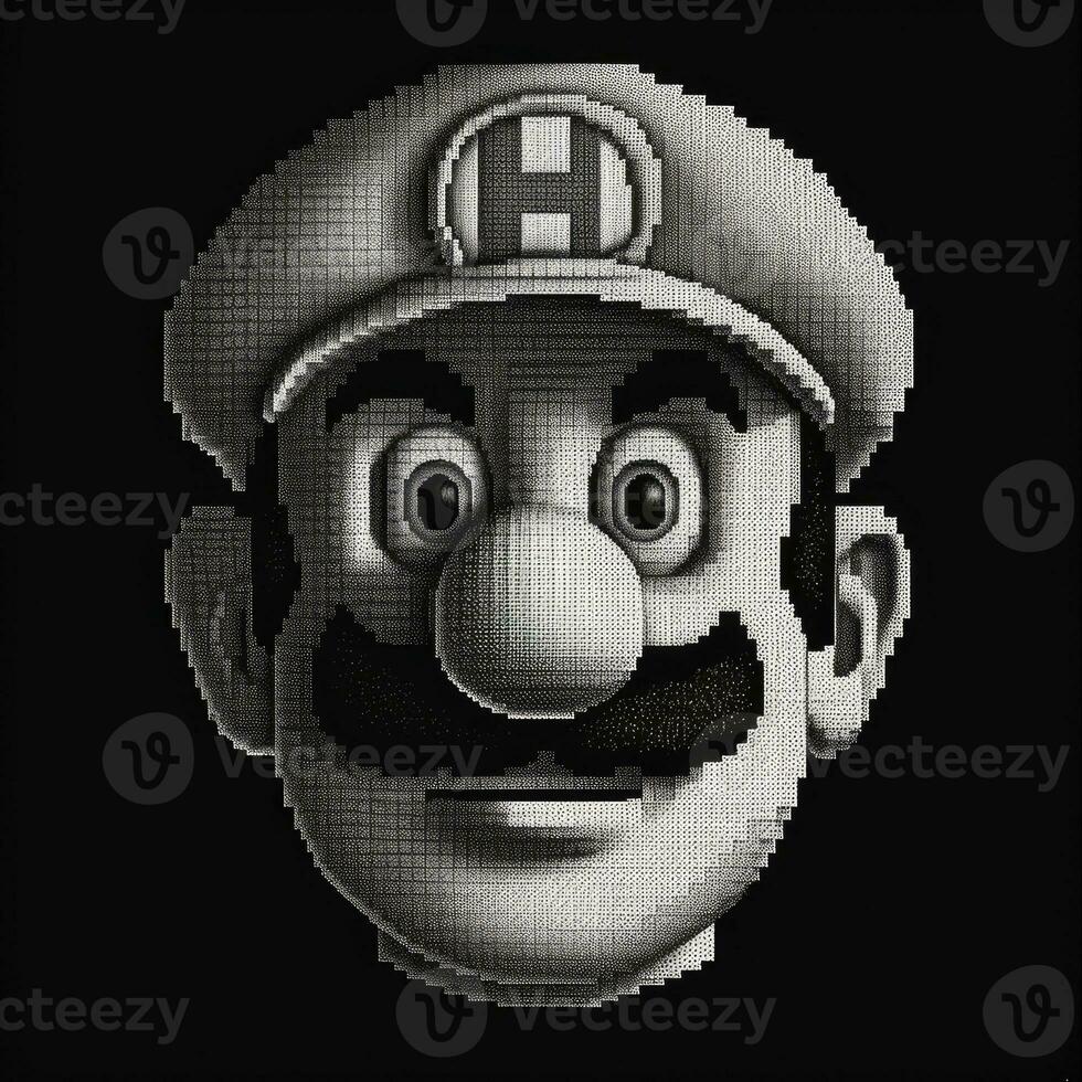 Mario game character pixel art tattoo engraving 8bit graphic design poster wall art illustration photo