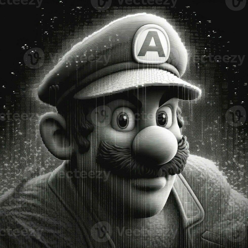 Mario game character pixel art tattoo engraving 8bit graphic design