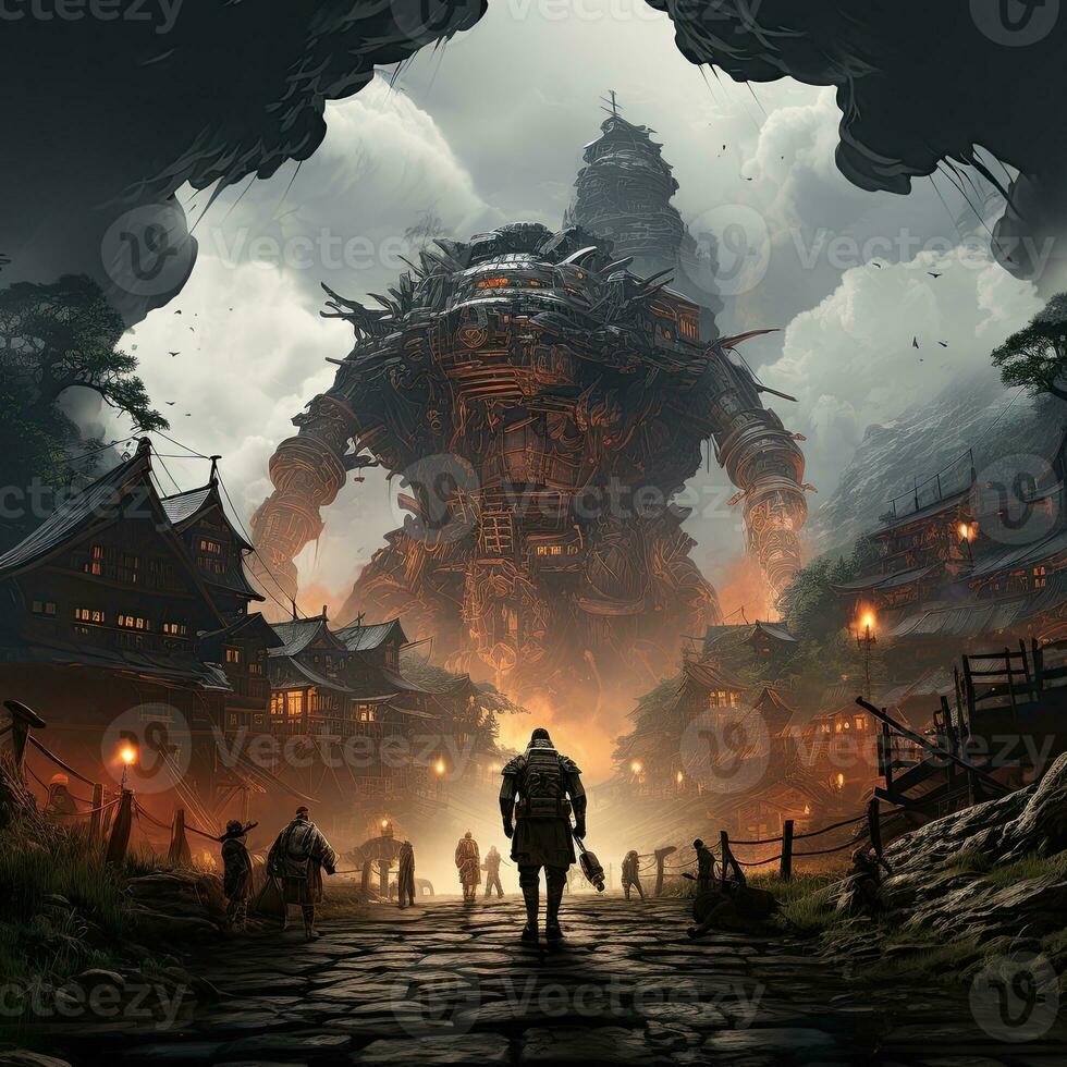 giant battler robot village fire battle fight illustration poster cover game assets art photo