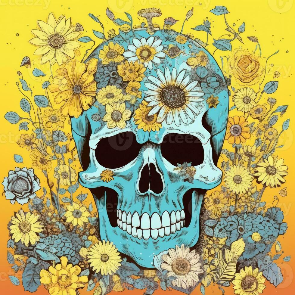 skull flowers mystery illustration yellow spooky abstract poster surreal dreamy art tattoo photo