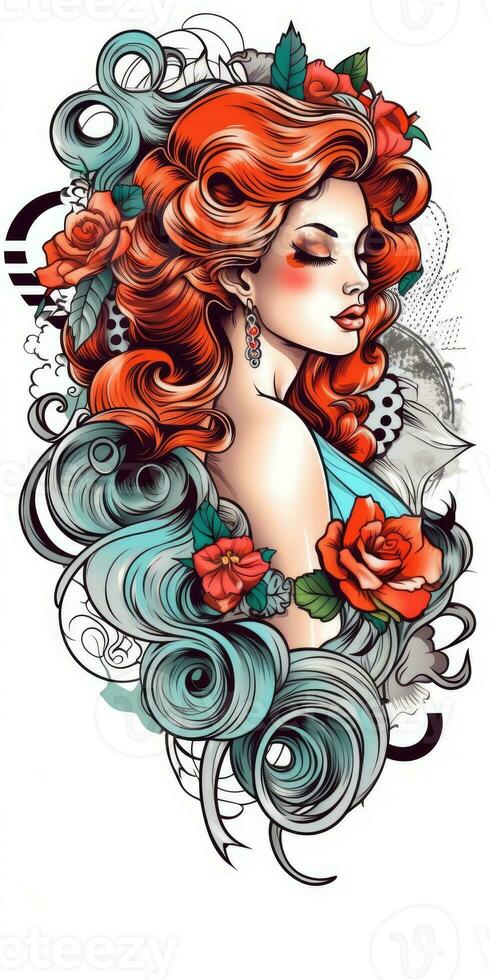 tattoo design woman girl flowers retro style illustration clipart poster sketch glamour graphic photo