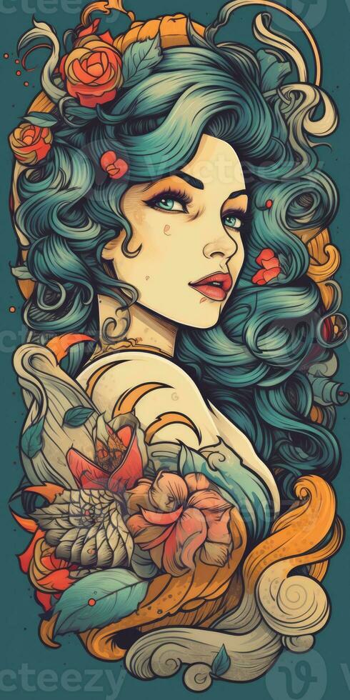 tatuaje diseño mujer niña flores retro estilo ilustración clipart póster bosquejo glamour gráfico foto