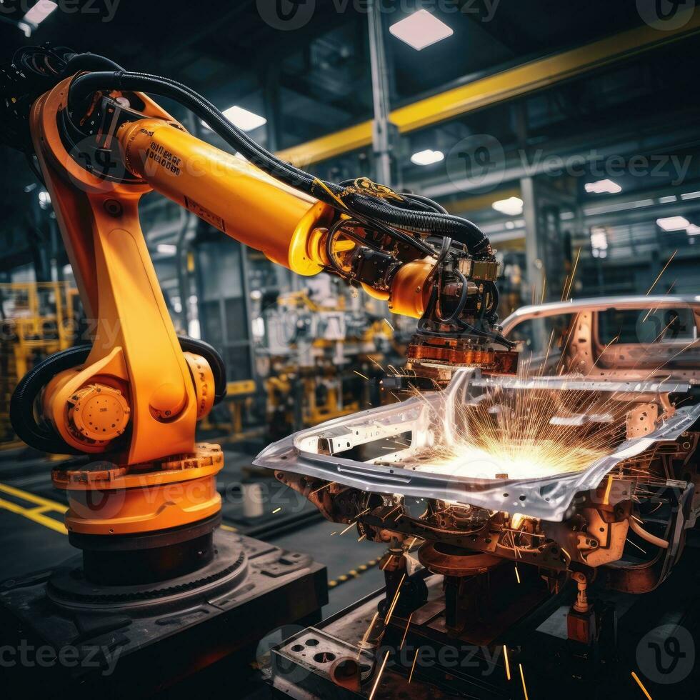 robot arm assembly machine factory workshop sparks photo manufacturing automated production