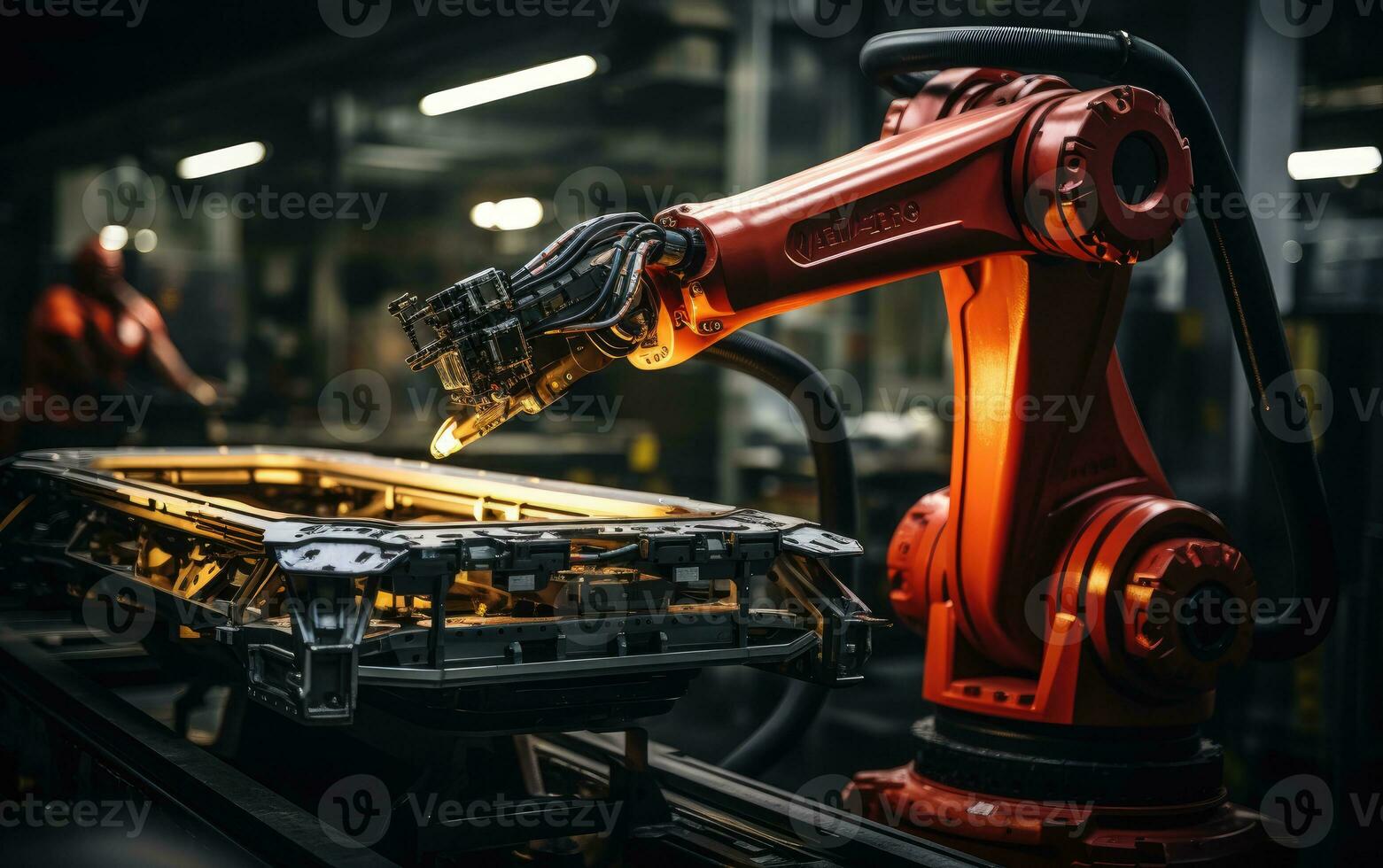 robot arm assembly machine factory workshop sparks photo manufacturing automated production