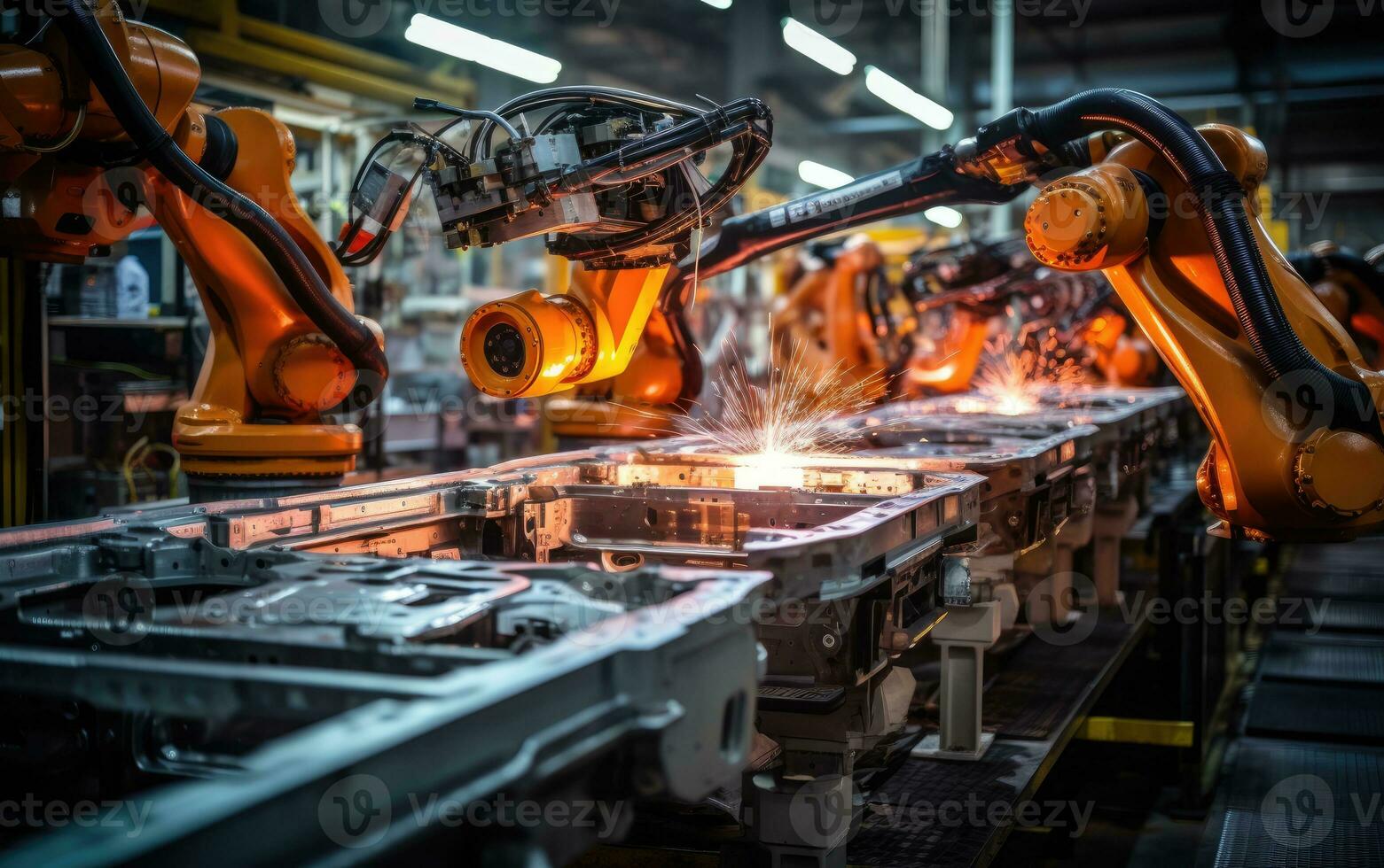 robot arm assembly machine factory workshop sparks photo manufacturing automated production