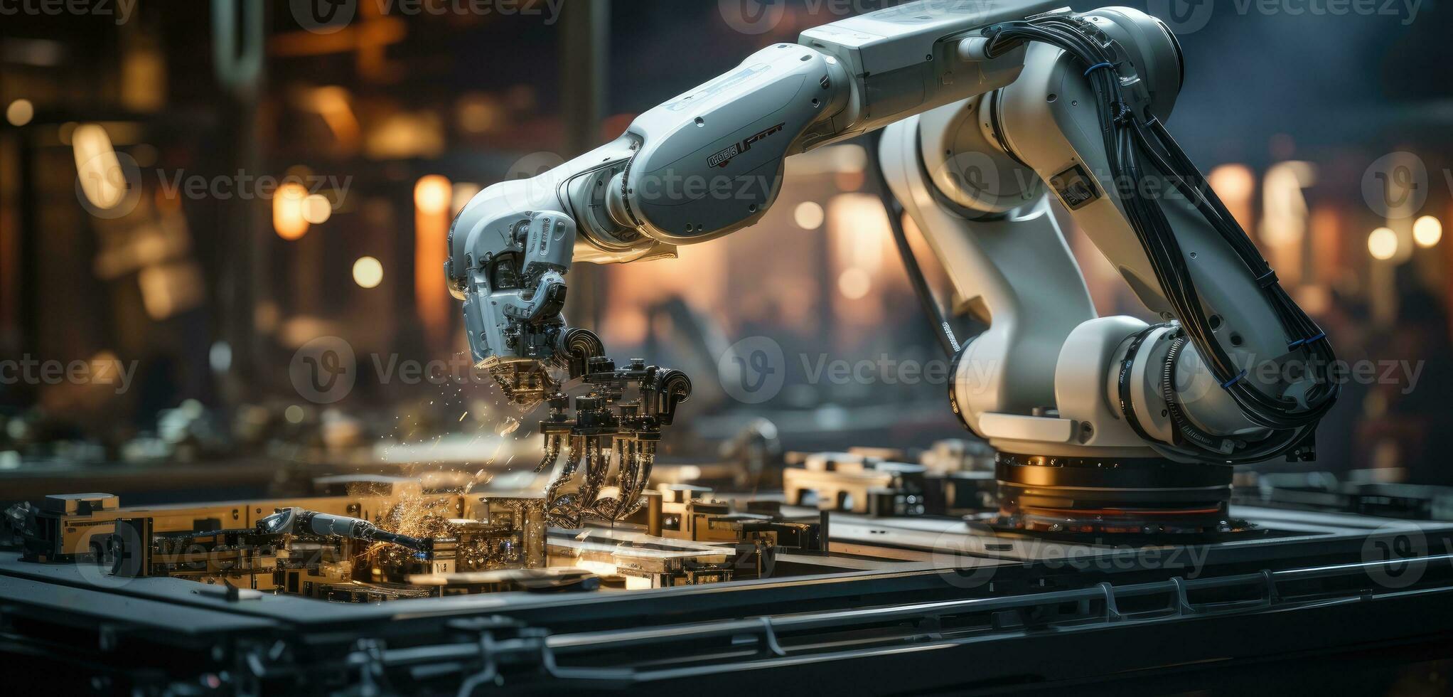 robot arm assembly machine factory workshop sparks photo manufacturing automated production