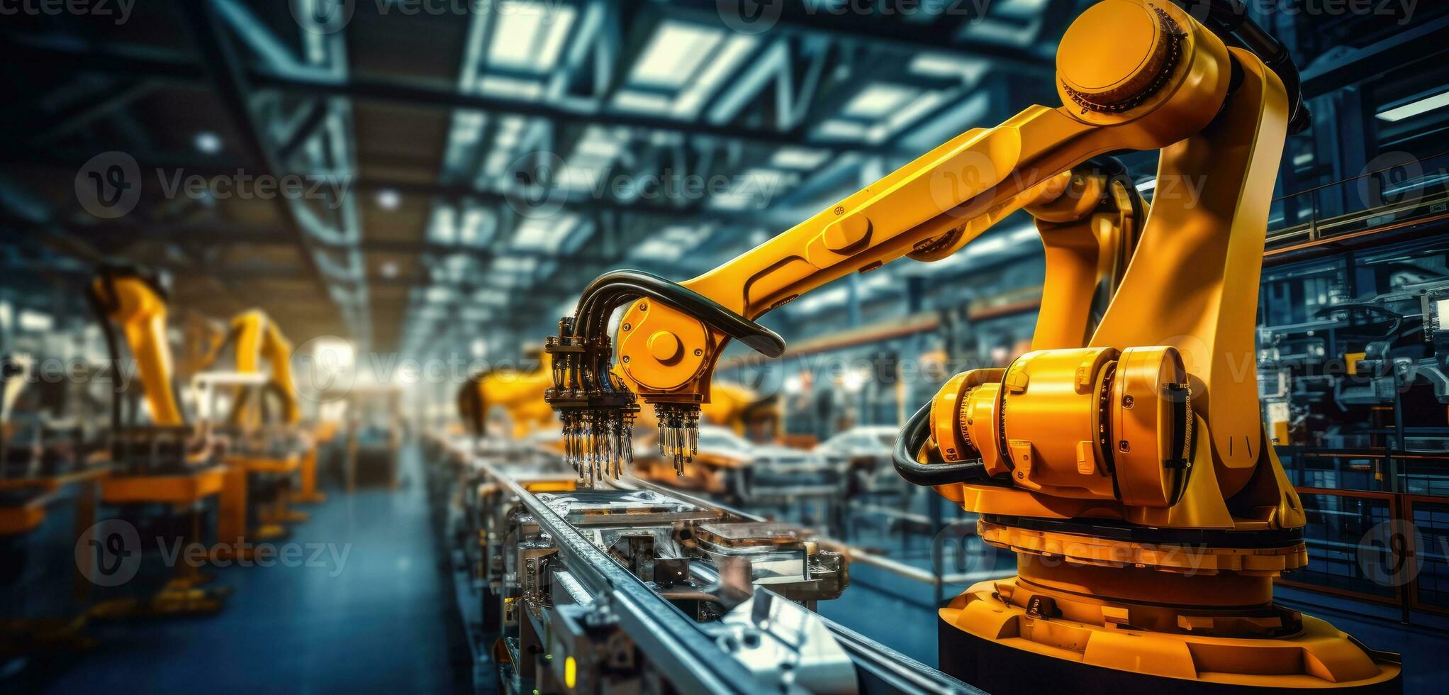 robot arm assembly machine factory workshop sparks photo manufacturing automated production