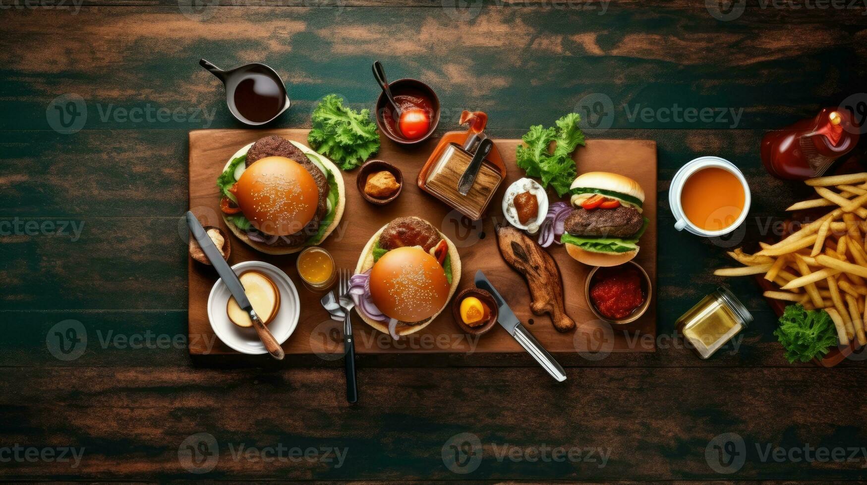 burger fry souse banner free space text mockup fast food top view empty professional phonography photo
