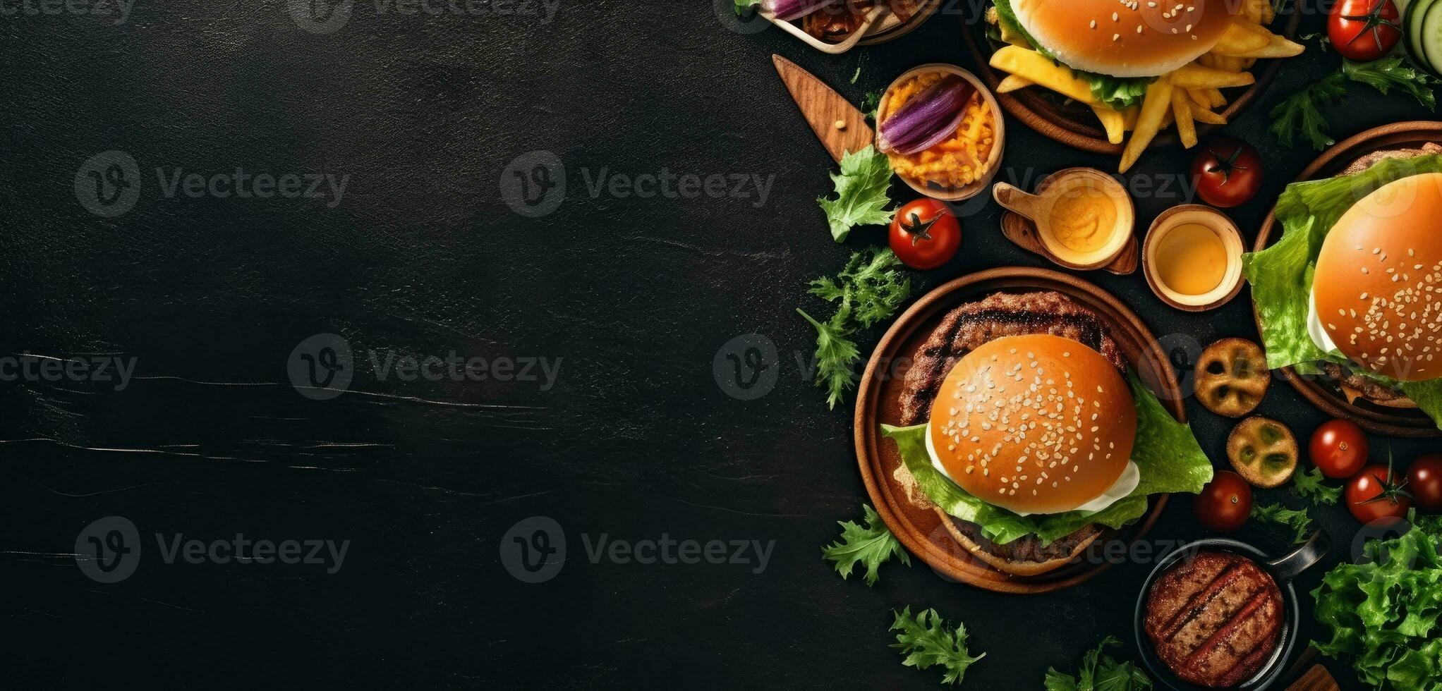 burger fry souse banner free space text mockup fast food top view empty professional phonography photo