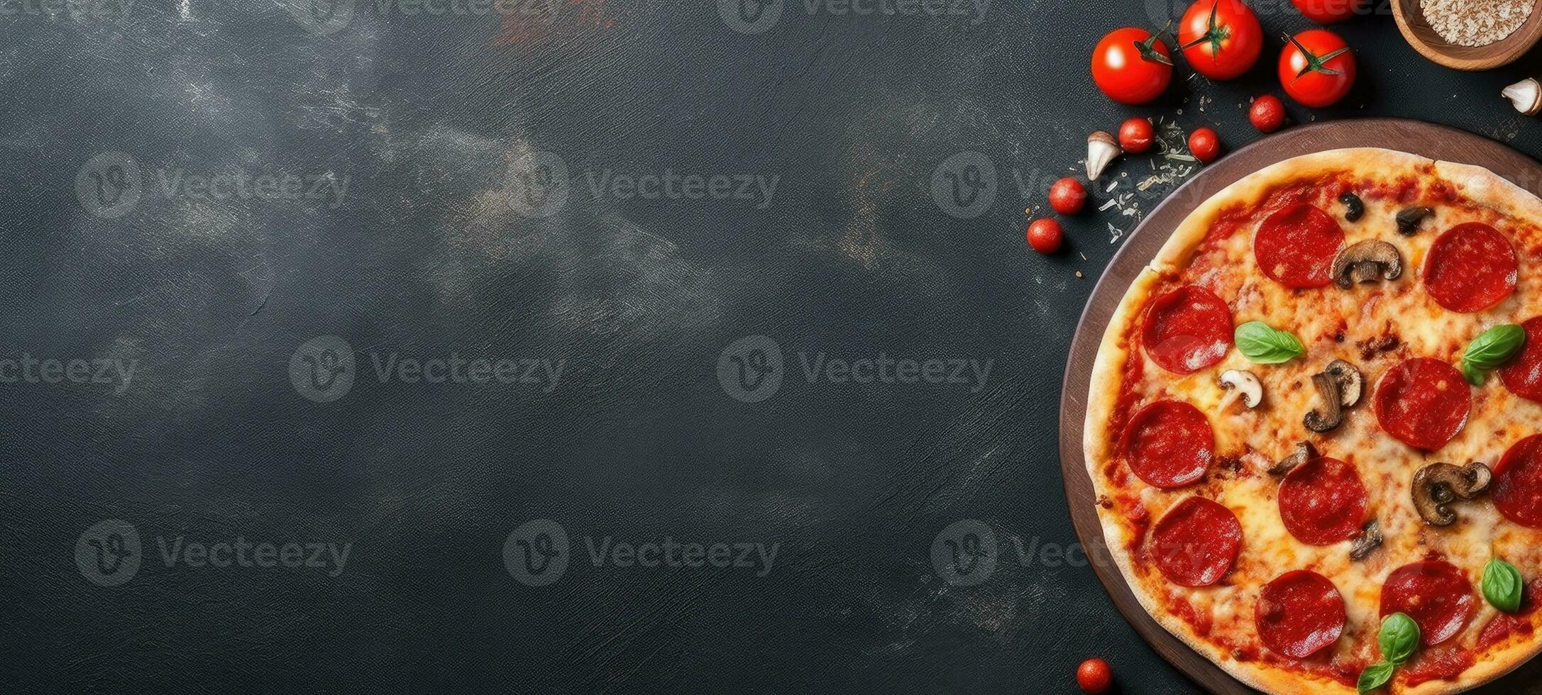 pizza pepperoni banner free space text mockup fast food top view empty professional phonography photo