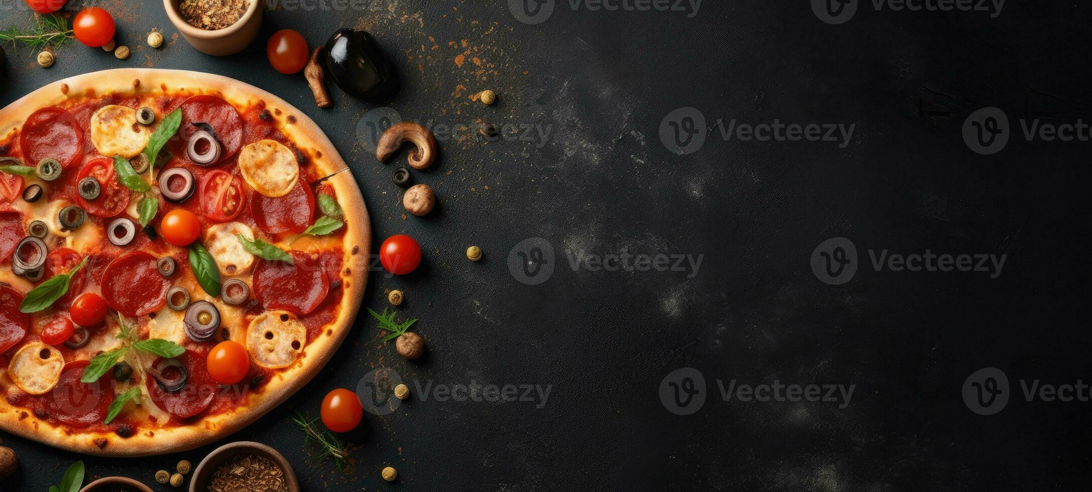 pizza pepperoni banner free space text mockup fast food top view empty professional phonography photo