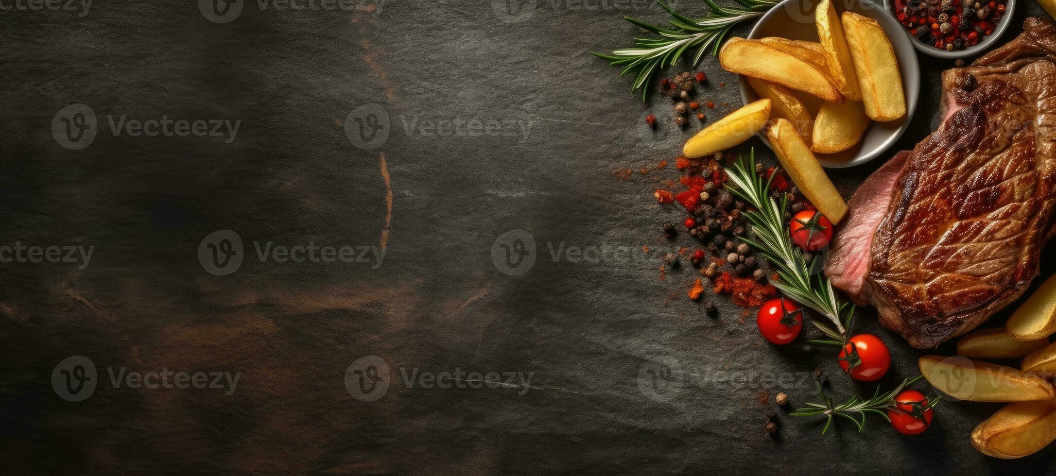 steak fry banner free space text mockup fast food top view empty professional phonography photo