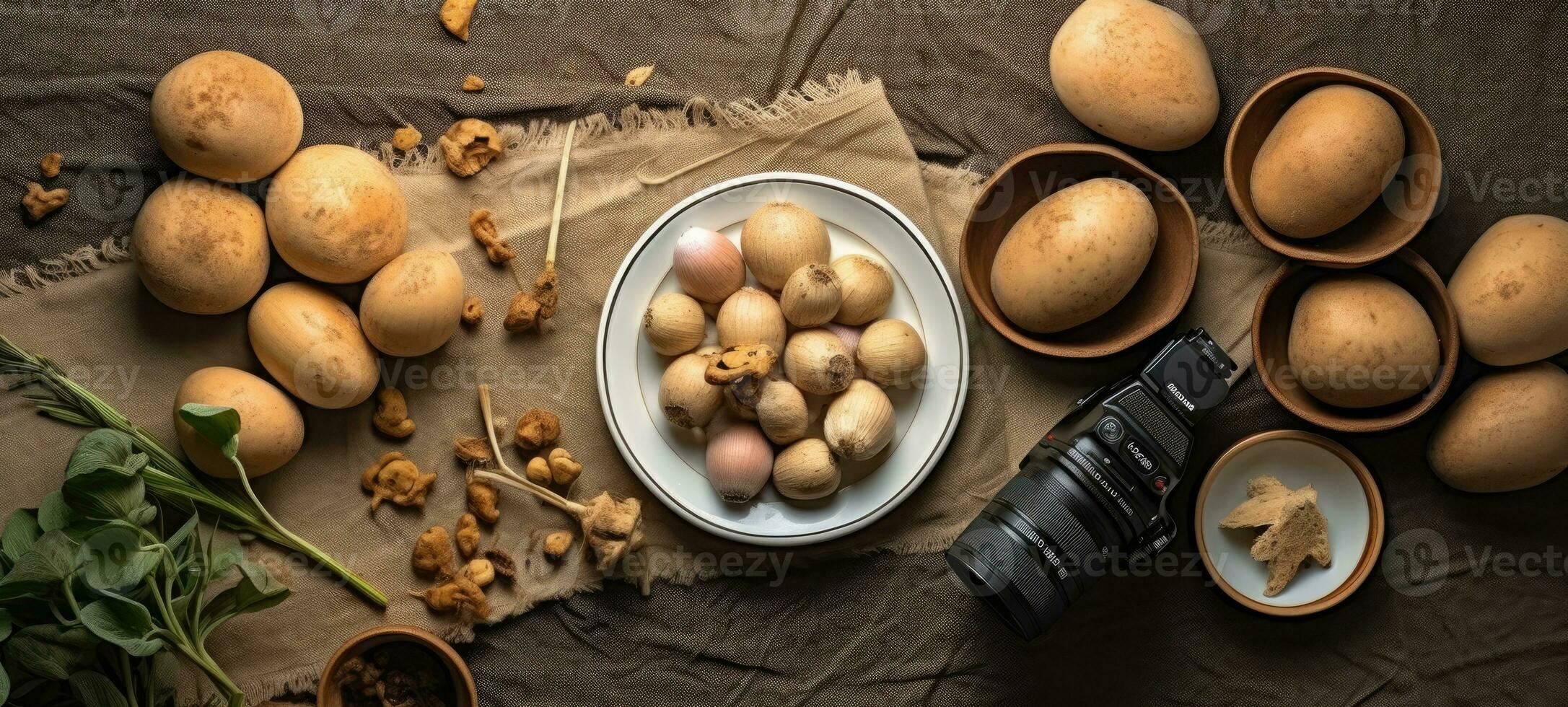 mushrooms potato banner free space text mockup fast food top view empty professional phonography photo