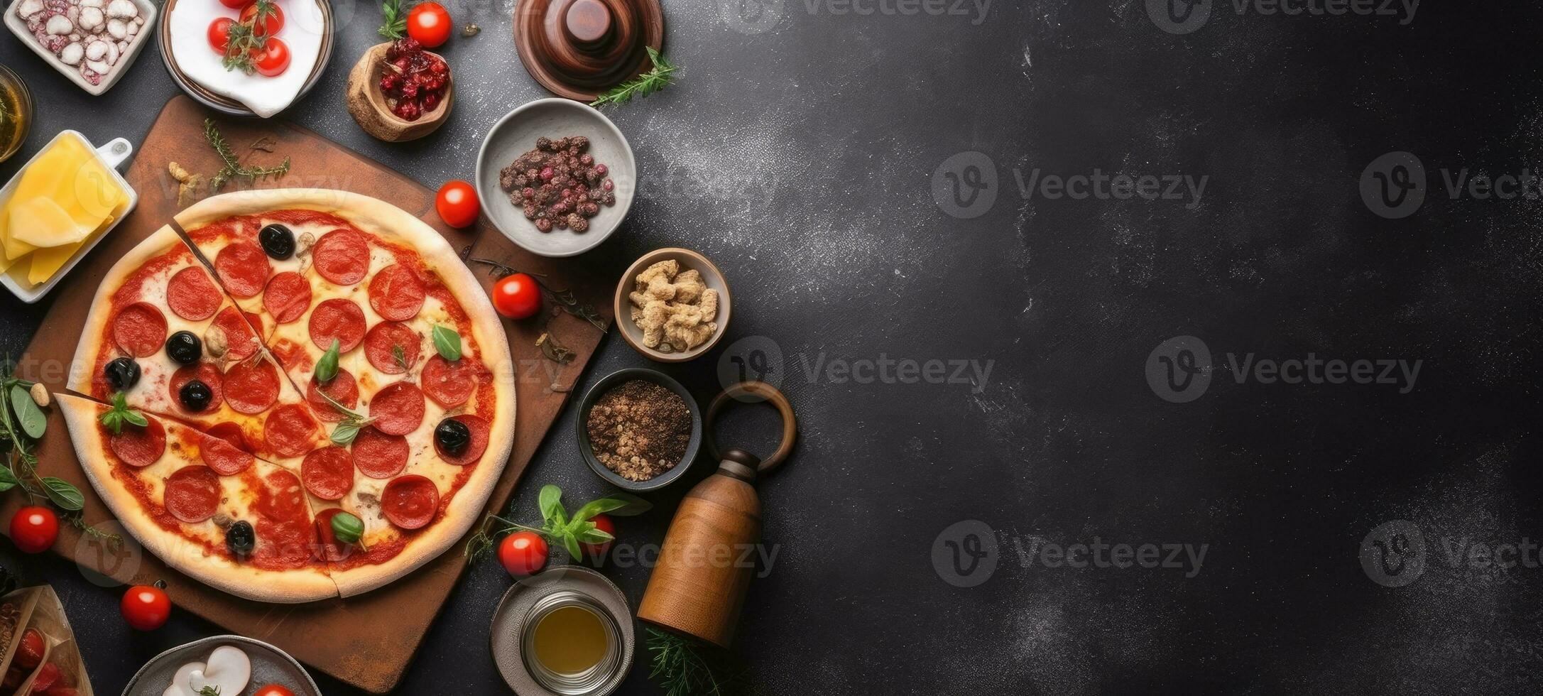 pizza pepperoni banner free space text mockup fast food top view empty professional phonography photo