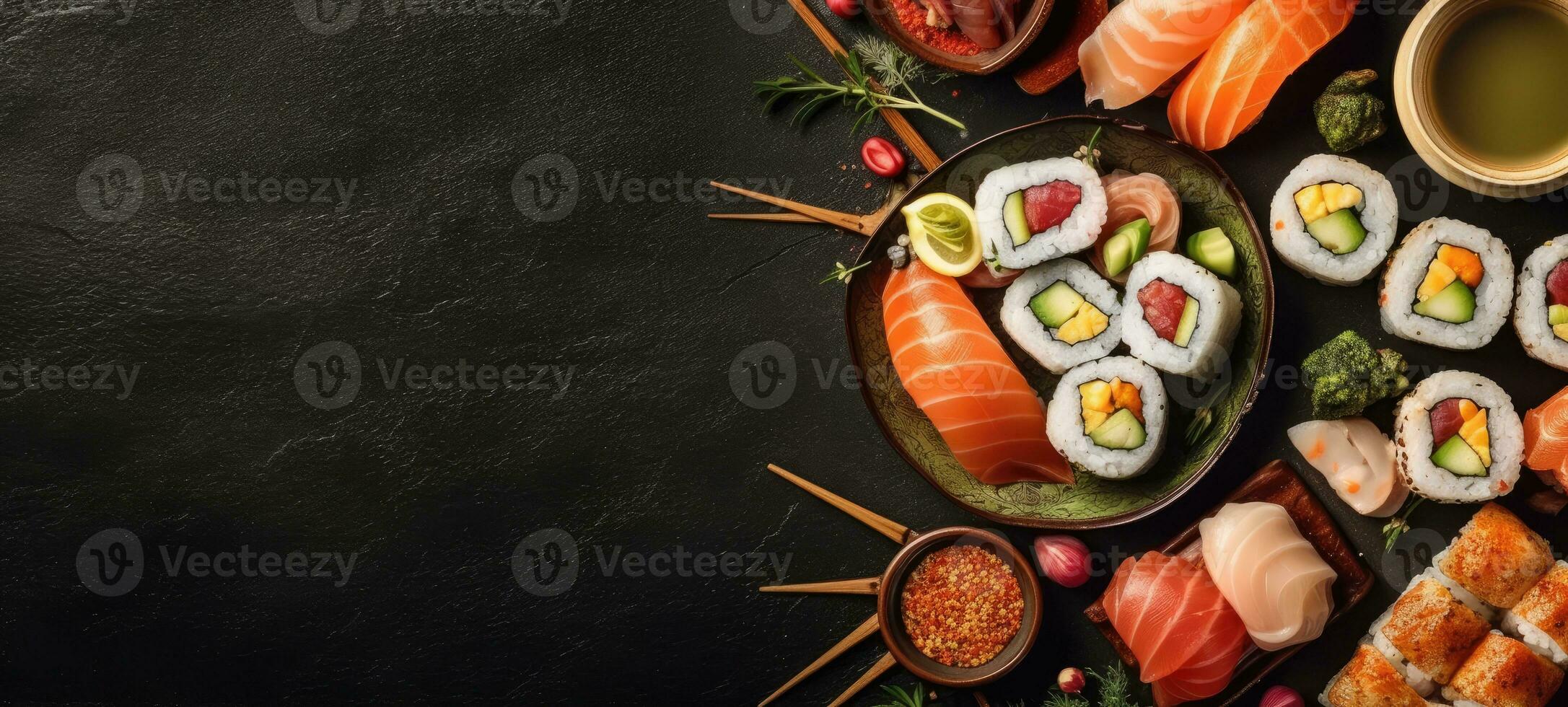 sushi rolls banner free space text mockup fast food top view empty professional phonography photo