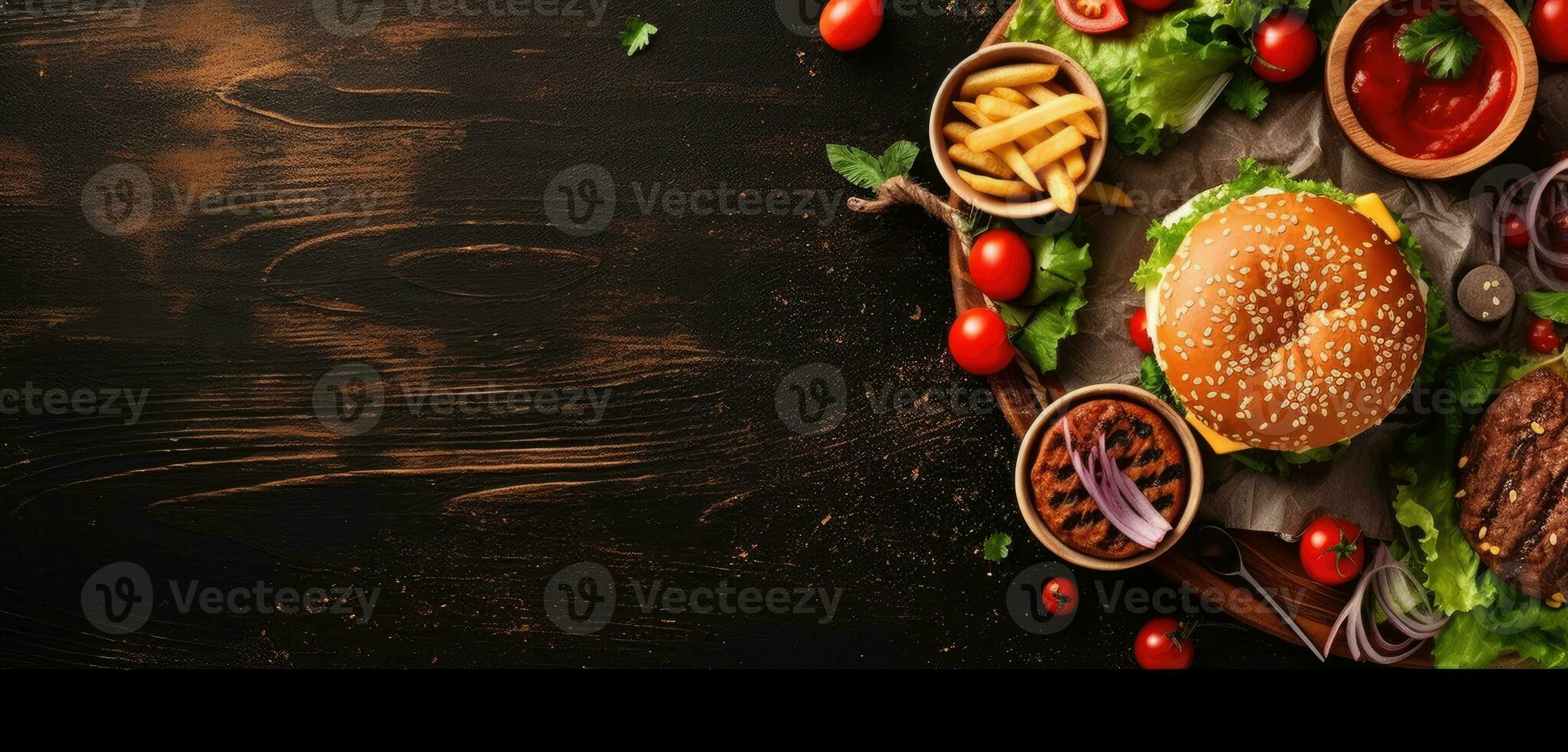 burger fry souse banner free space text mockup fast food top view empty professional phonography photo
