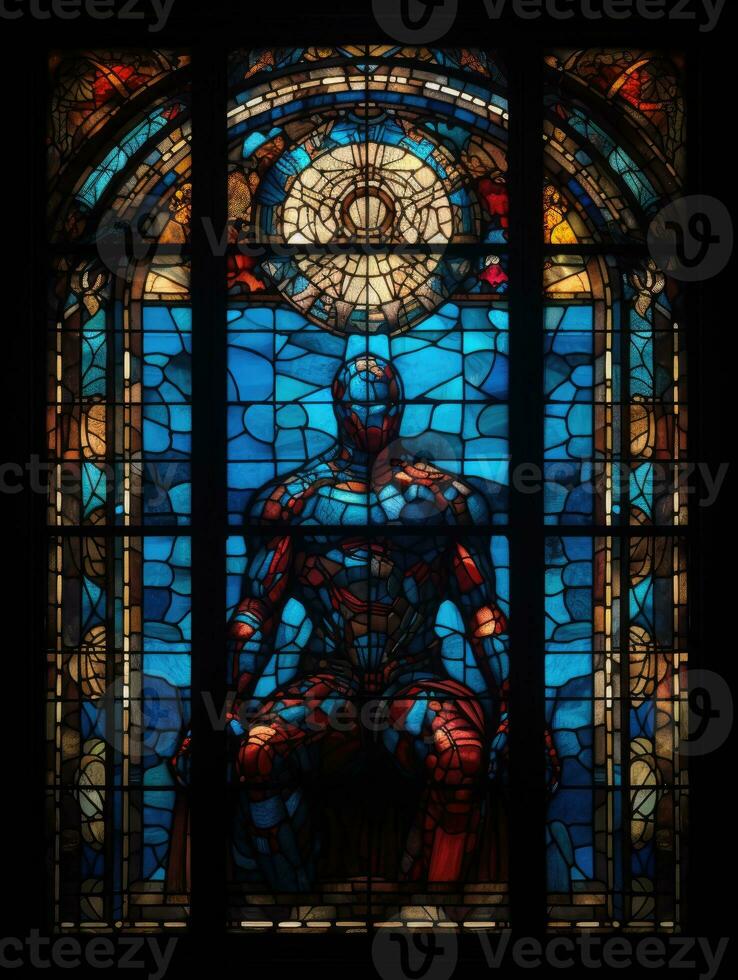 super hero warrior stained glass window mosaic religious collage artwork retro vintage textured photo