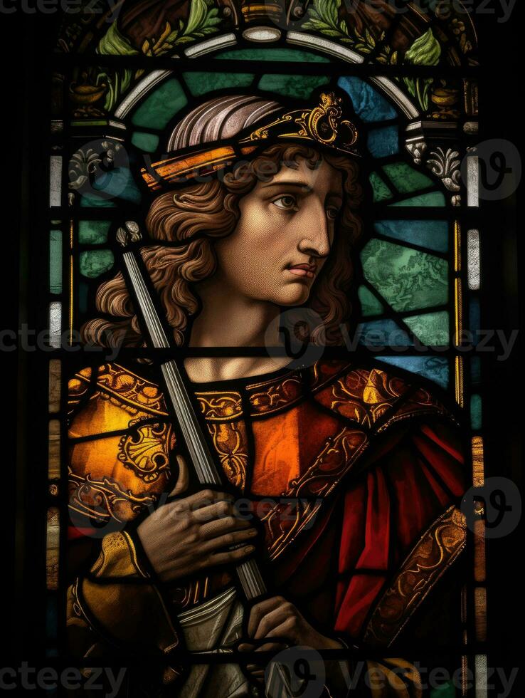 Rey espada manchado vaso ventana mosaico religioso collage obra de arte Clásico texturizado religión foto